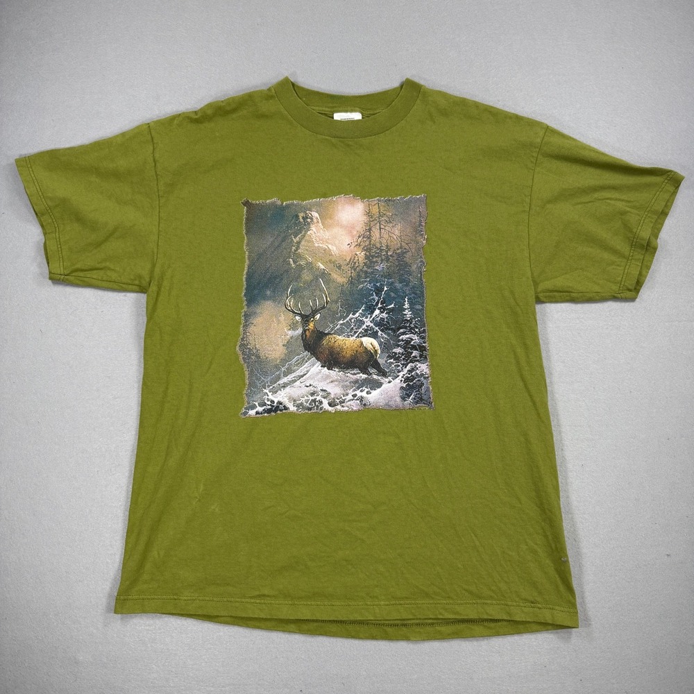 Vintage Elk T-Shirt Men XL Green Nature Tee Wildlife Mountain Hunting Tultex 90s